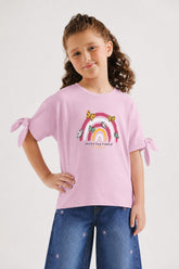 Girls' Pink Rainbow Knot-Sleeve Tee