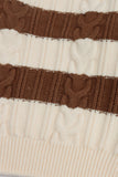 Cream & Brown Striped Cable Knit Mock Neck Sweater