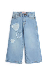 Girls Wide-Leg Heart Patch Denim