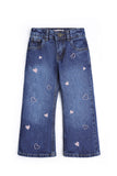 Girls Wide-Leg Heart Embroidered Denim