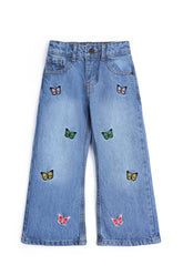 Girls Butterfly Embroidered Wide-Leg Denim