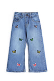 Girls Butterfly Embroidered Wide-Leg Denim