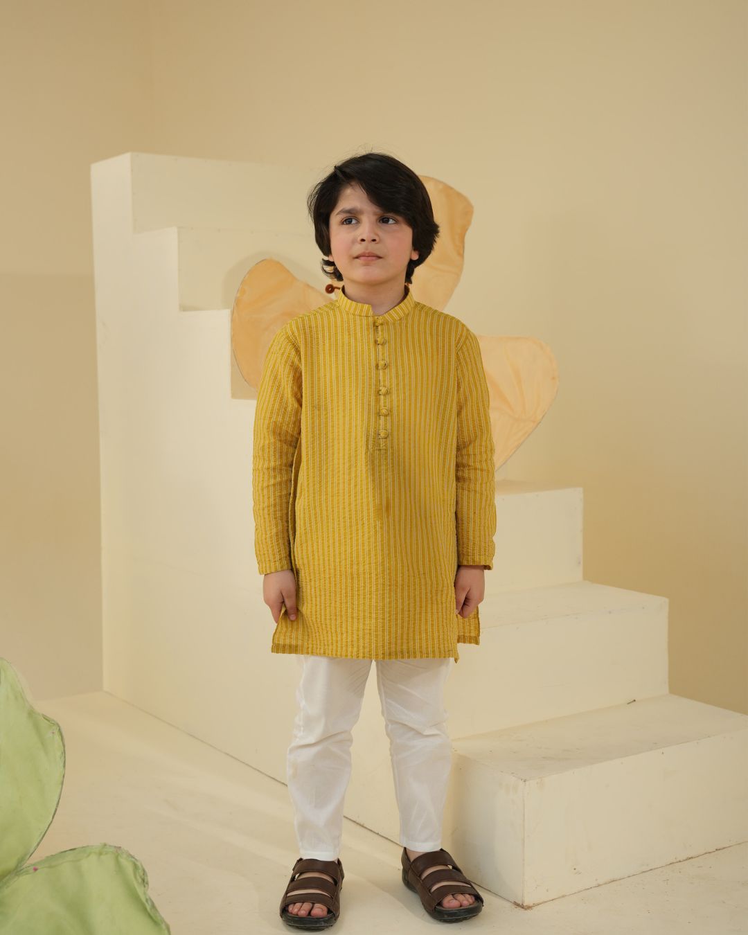 Boys' Mustard Striped Kurta