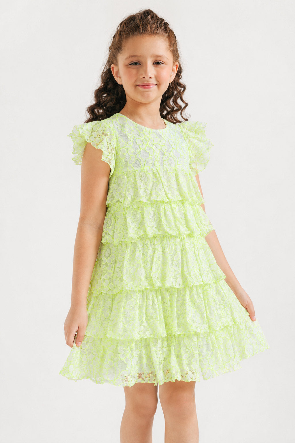 Girls Neon Lace Tiered Ruffle Frock