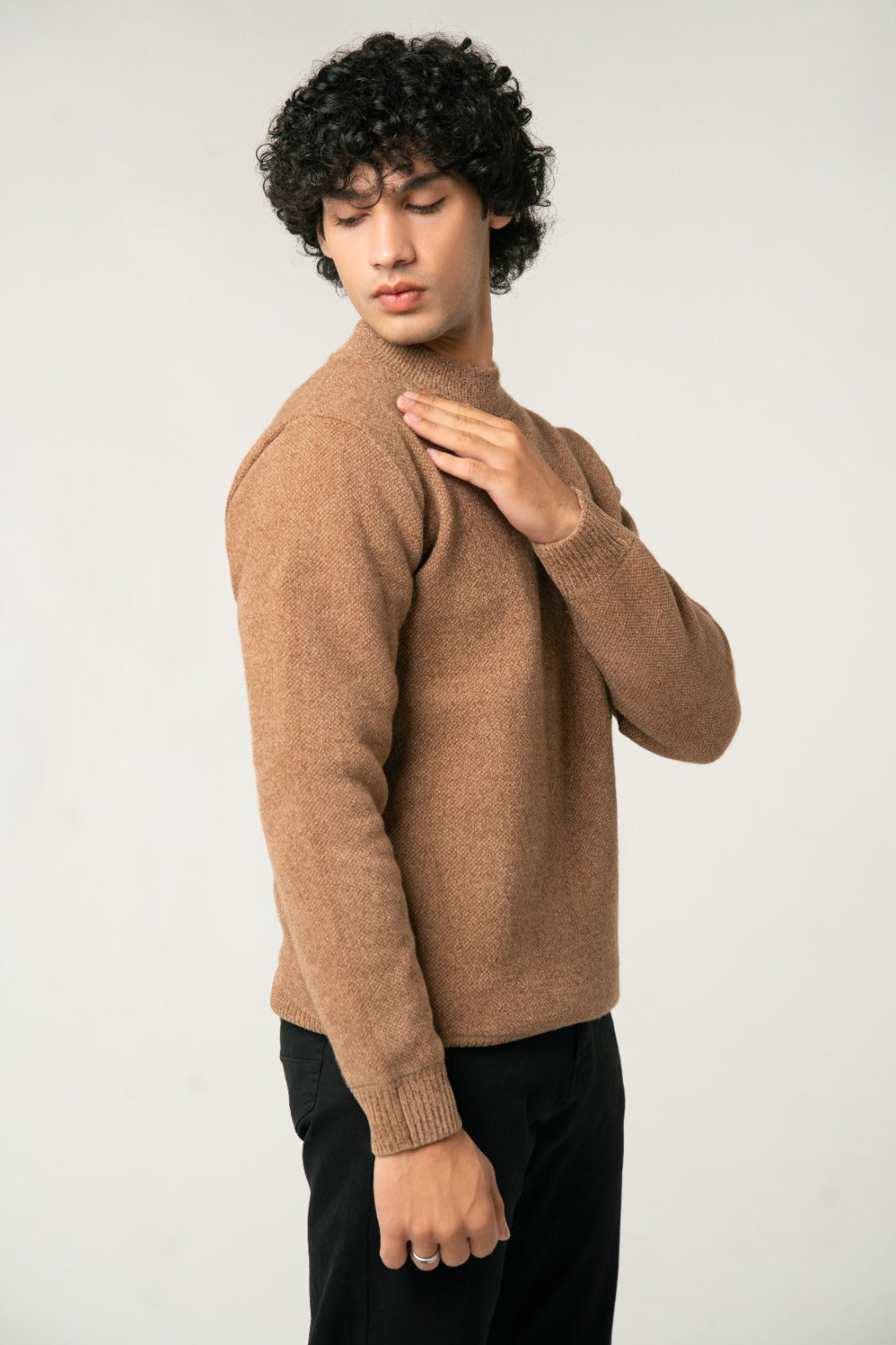 The Camel Brown Wool-Blend Mock Neck Sweater