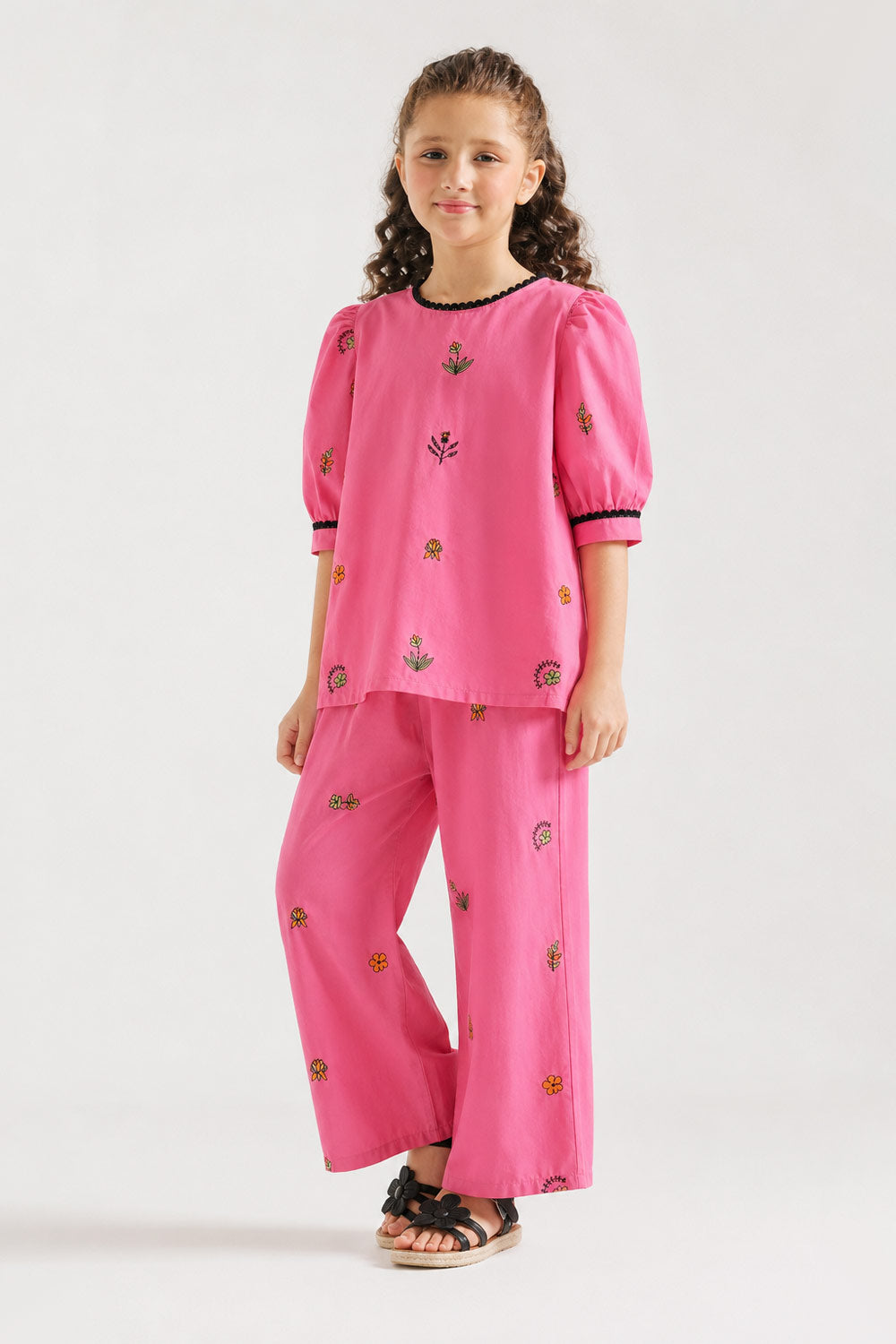 Girls' Magenta Floral Embroidered Set