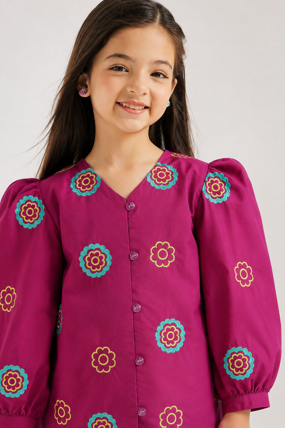 Girls' Purple Floral Embroidered Suit