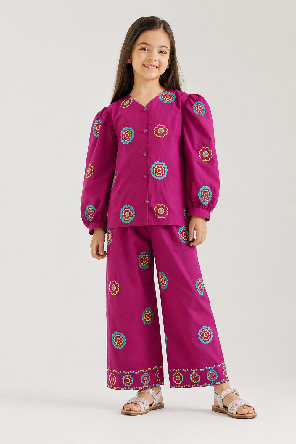 Girls' Purple Floral Embroidered Suit