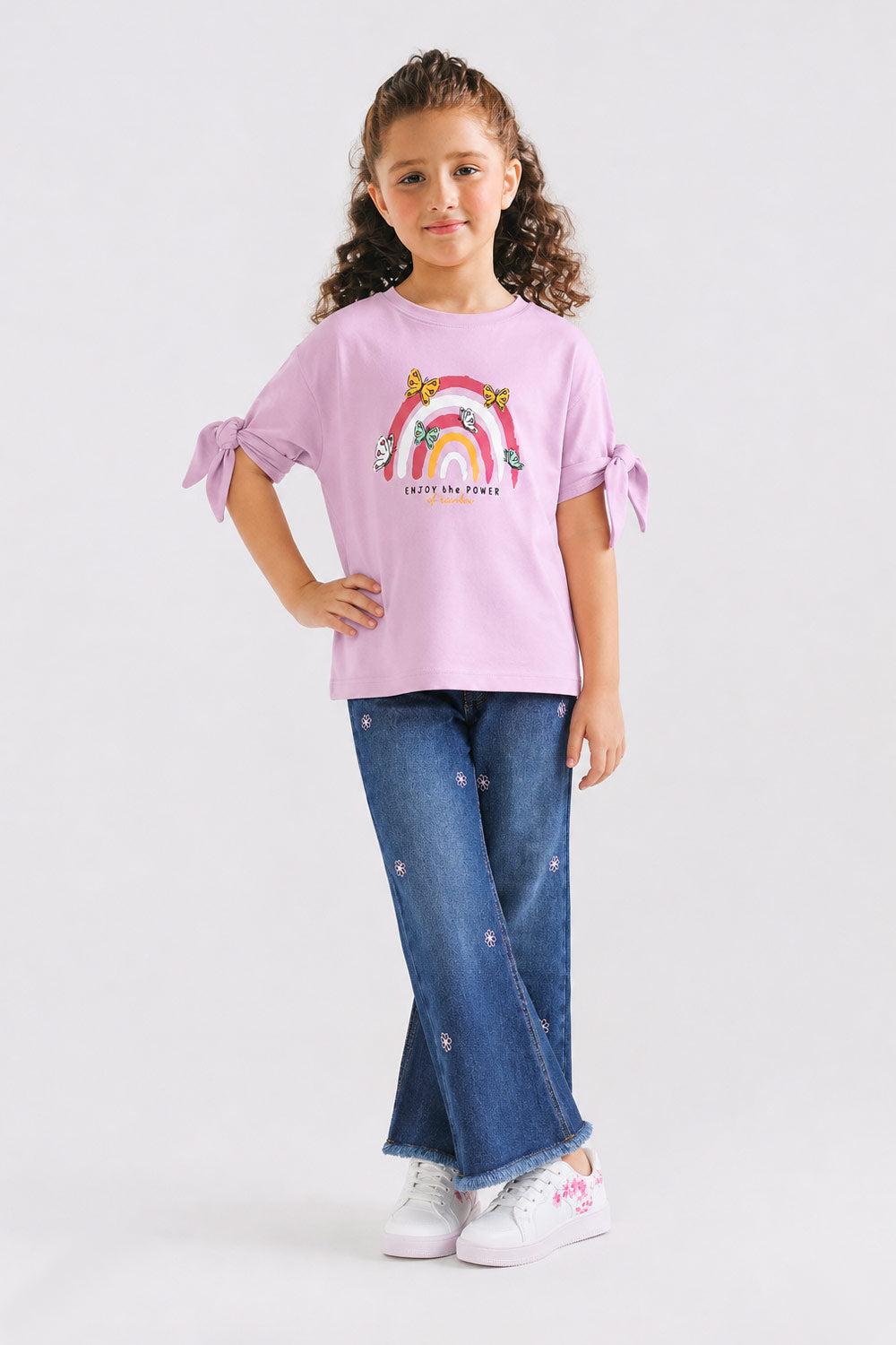 Girls' Pink Rainbow Knot-Sleeve Tee