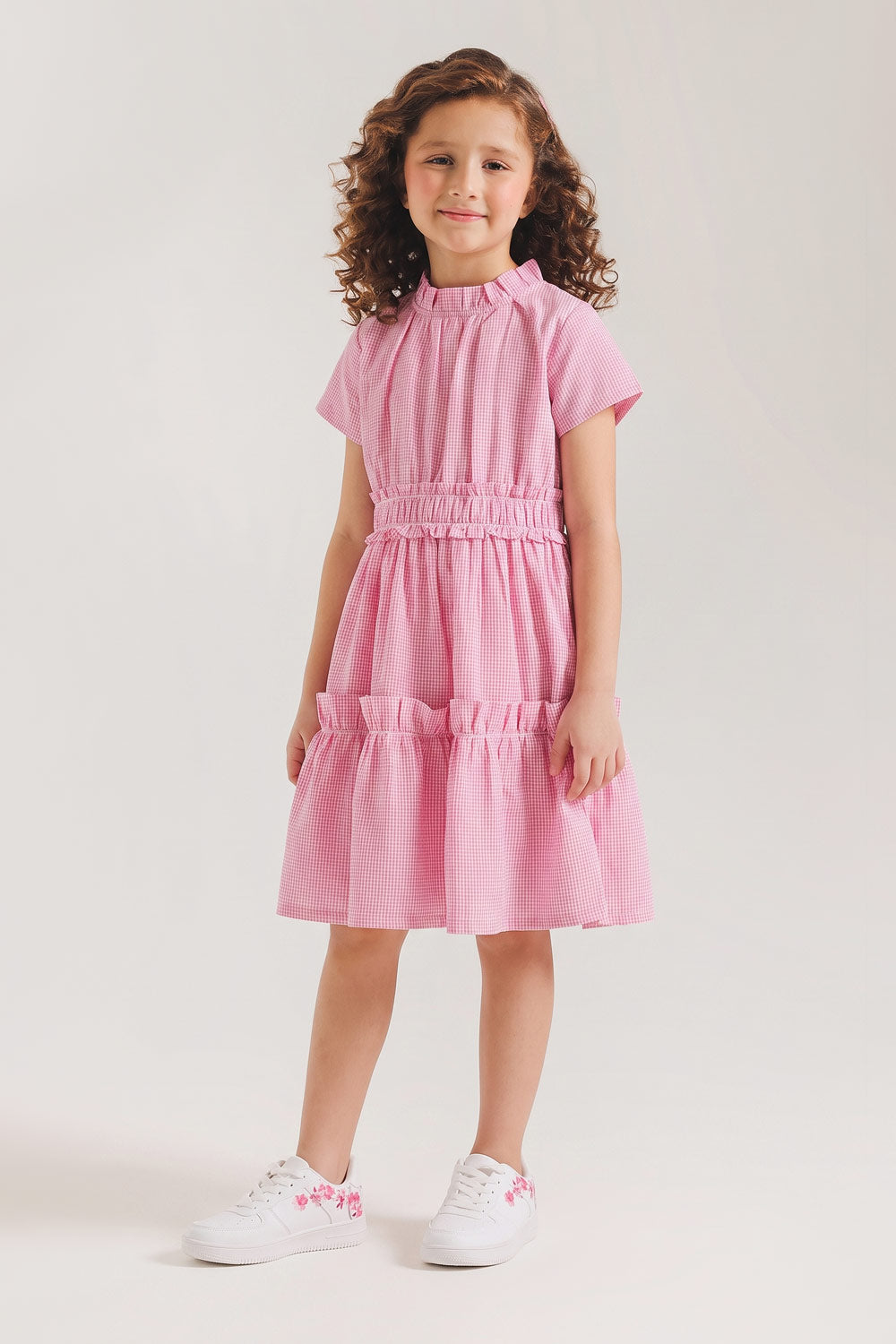 Girls' Pink Gingham Ruffled Dress