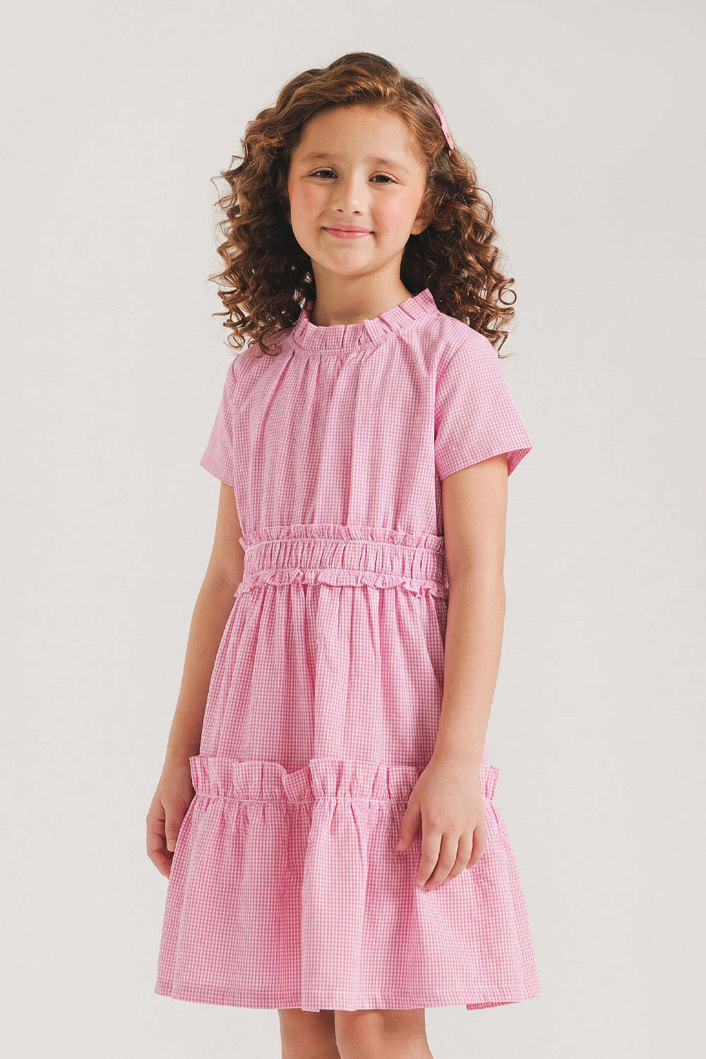 Girls' Pink Gingham Ruffled Dress