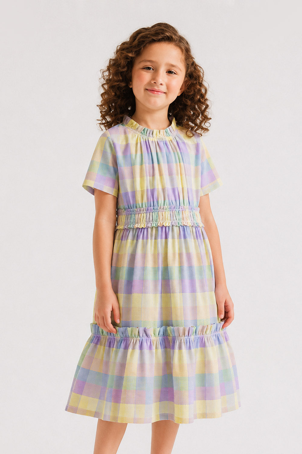 Girls' Pastel Checkered Ruffled Dress