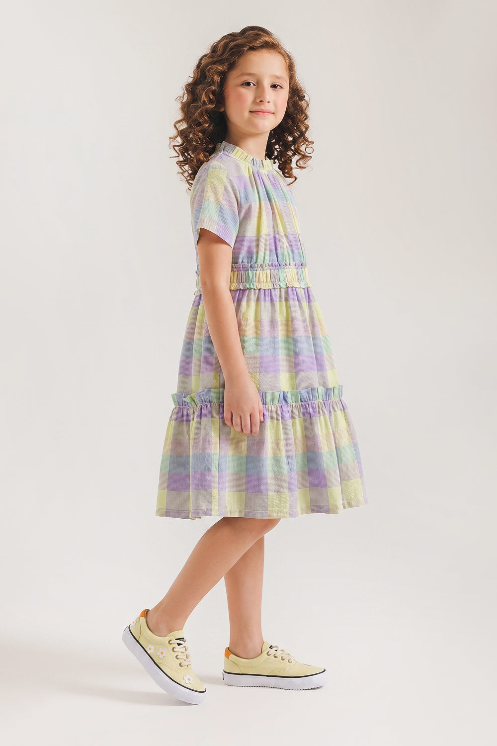 Girls' Pastel Checkered Ruffled Dress