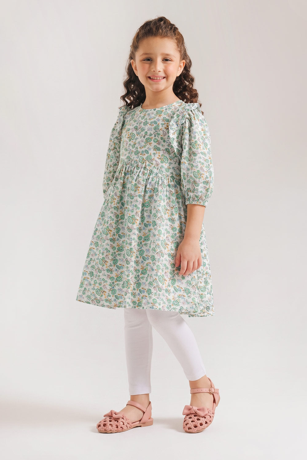 Girls' Green Floral Tiered Dress