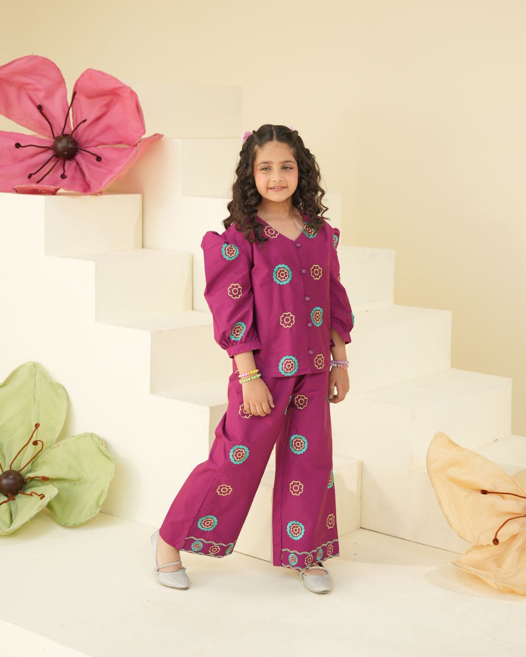 Girls' Purple Floral Embroidered Suit