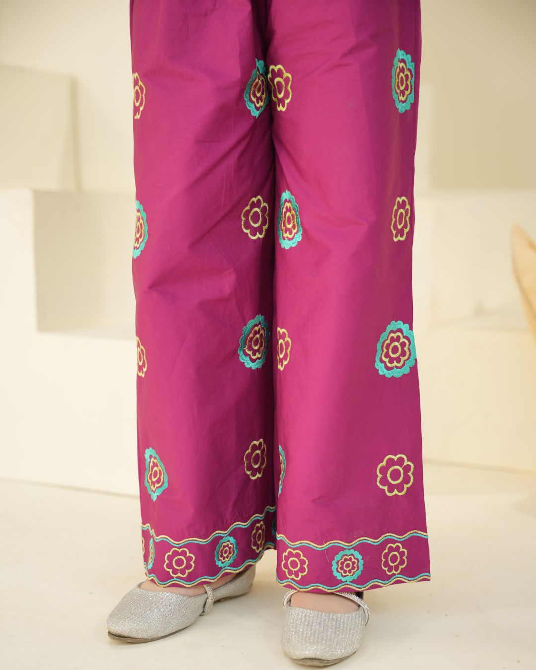 Girls' Purple Floral Embroidered Suit