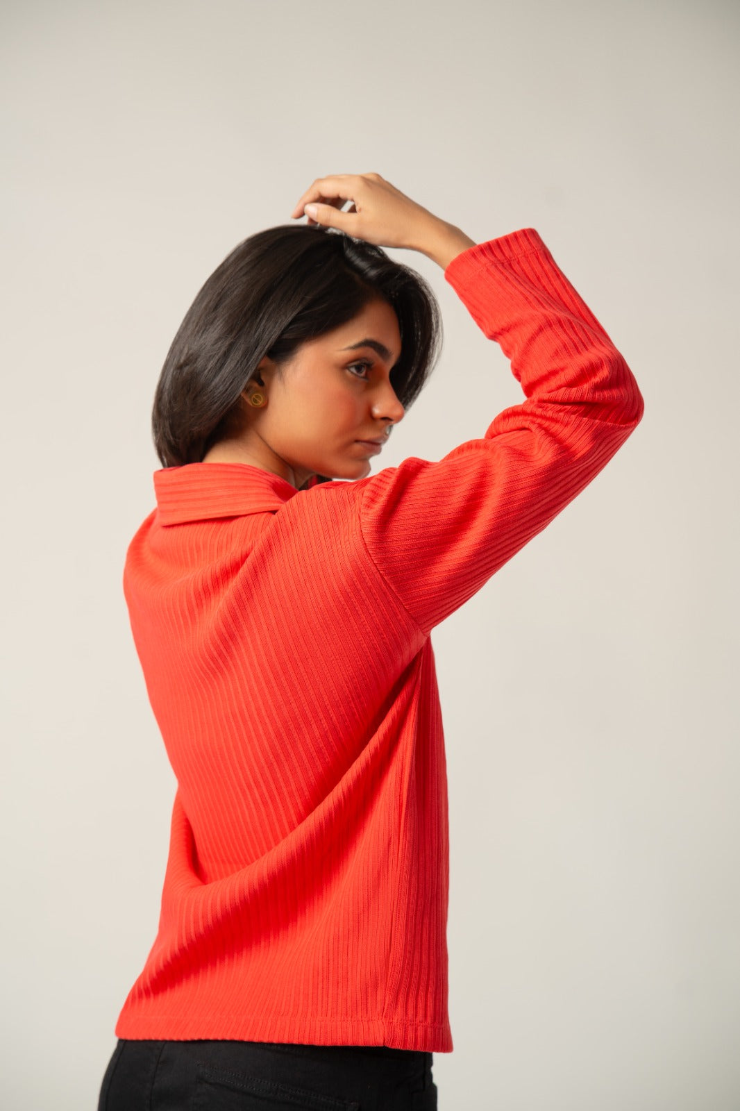 The Women's Red Ribbed Knit Collared Top