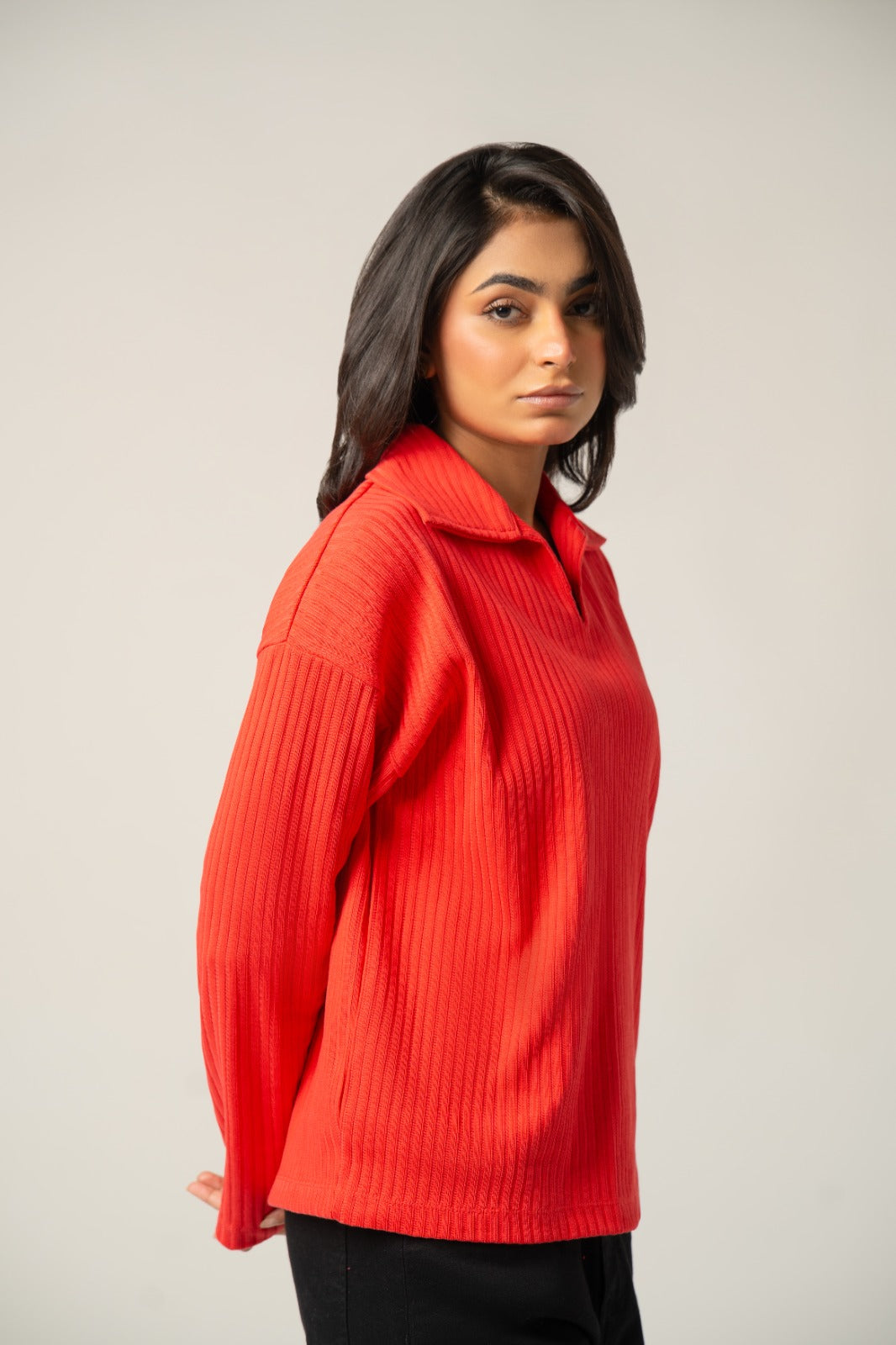 The Women's Red Ribbed Knit Collared Top
