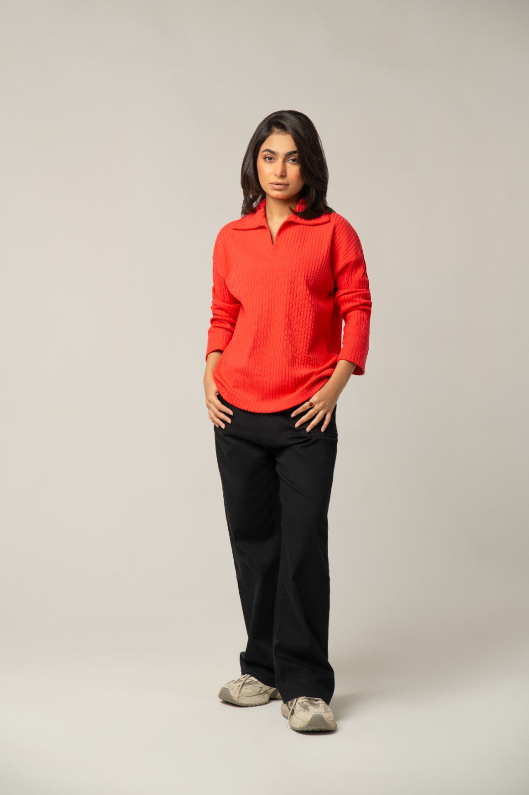 The Women's Red Ribbed Knit Collared Top