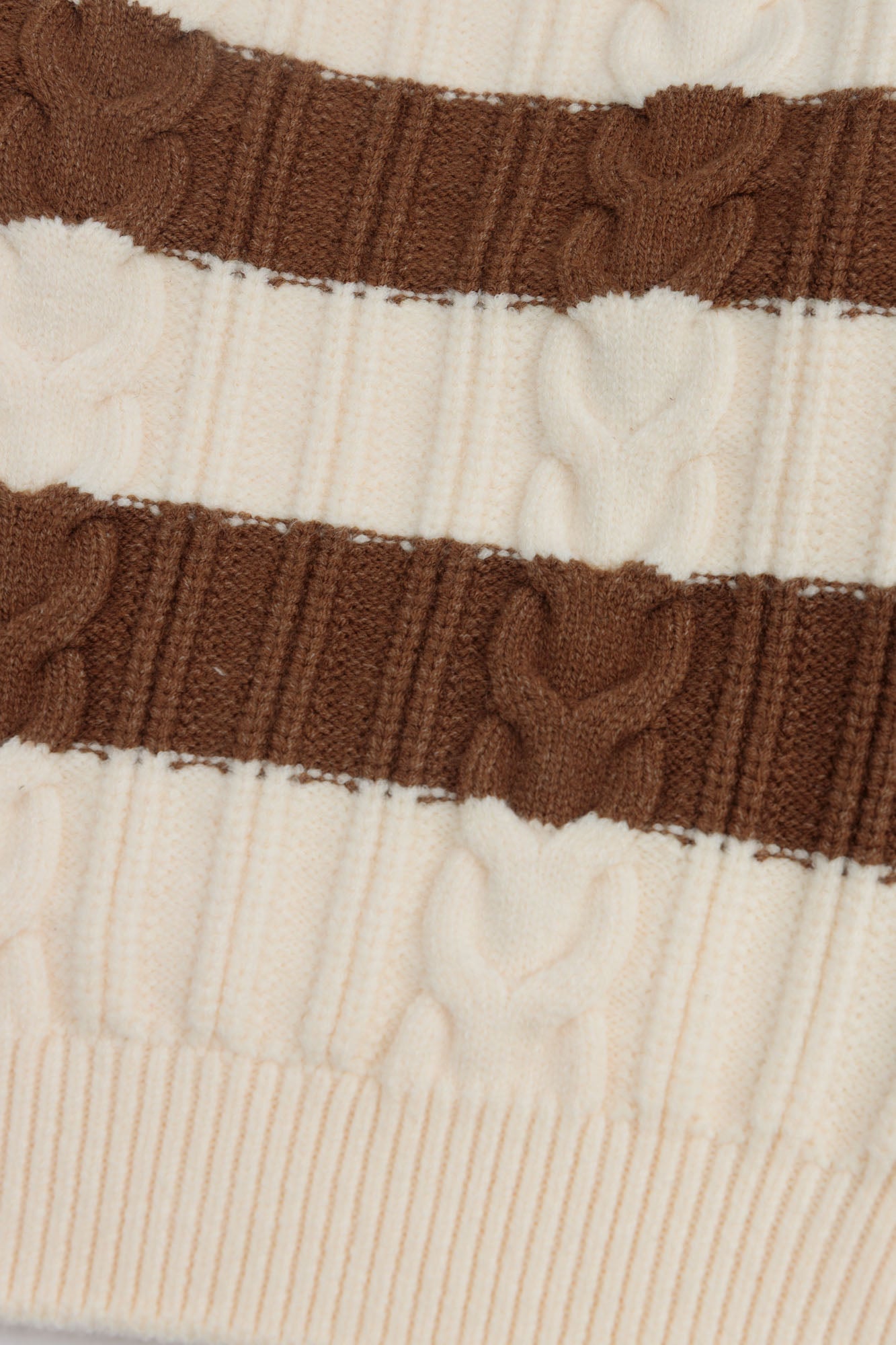 Cream & Brown Striped Cable Knit Mock Neck Sweater
