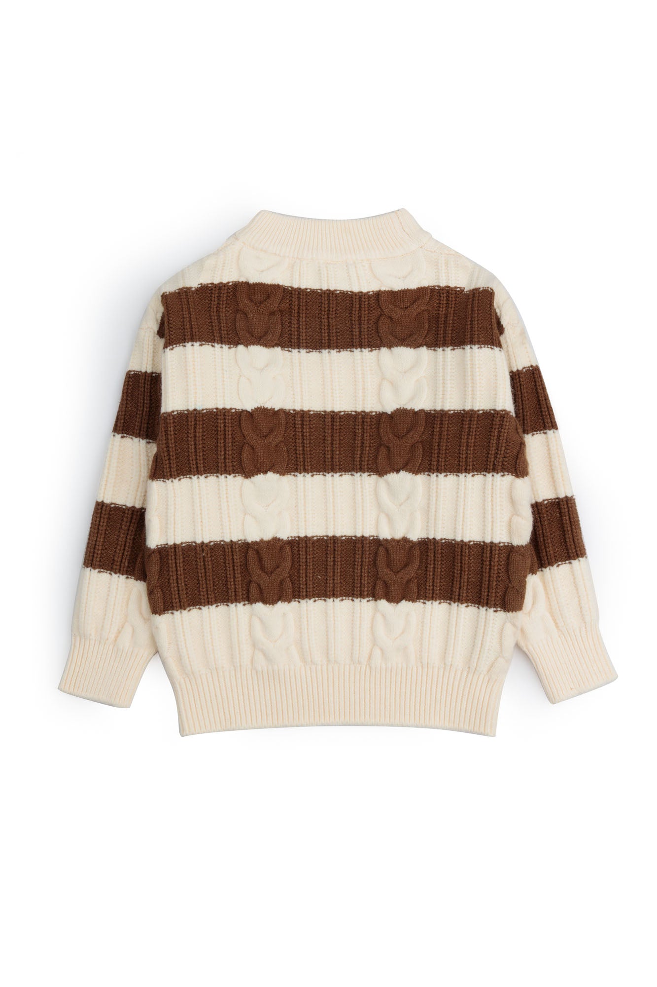 Cream & Brown Striped Cable Knit Mock Neck Sweater