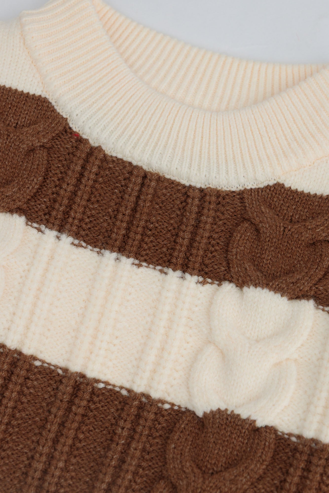 Cream & Brown Striped Cable Knit Mock Neck Sweater
