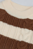 Cream & Brown Striped Cable Knit Mock Neck Sweater
