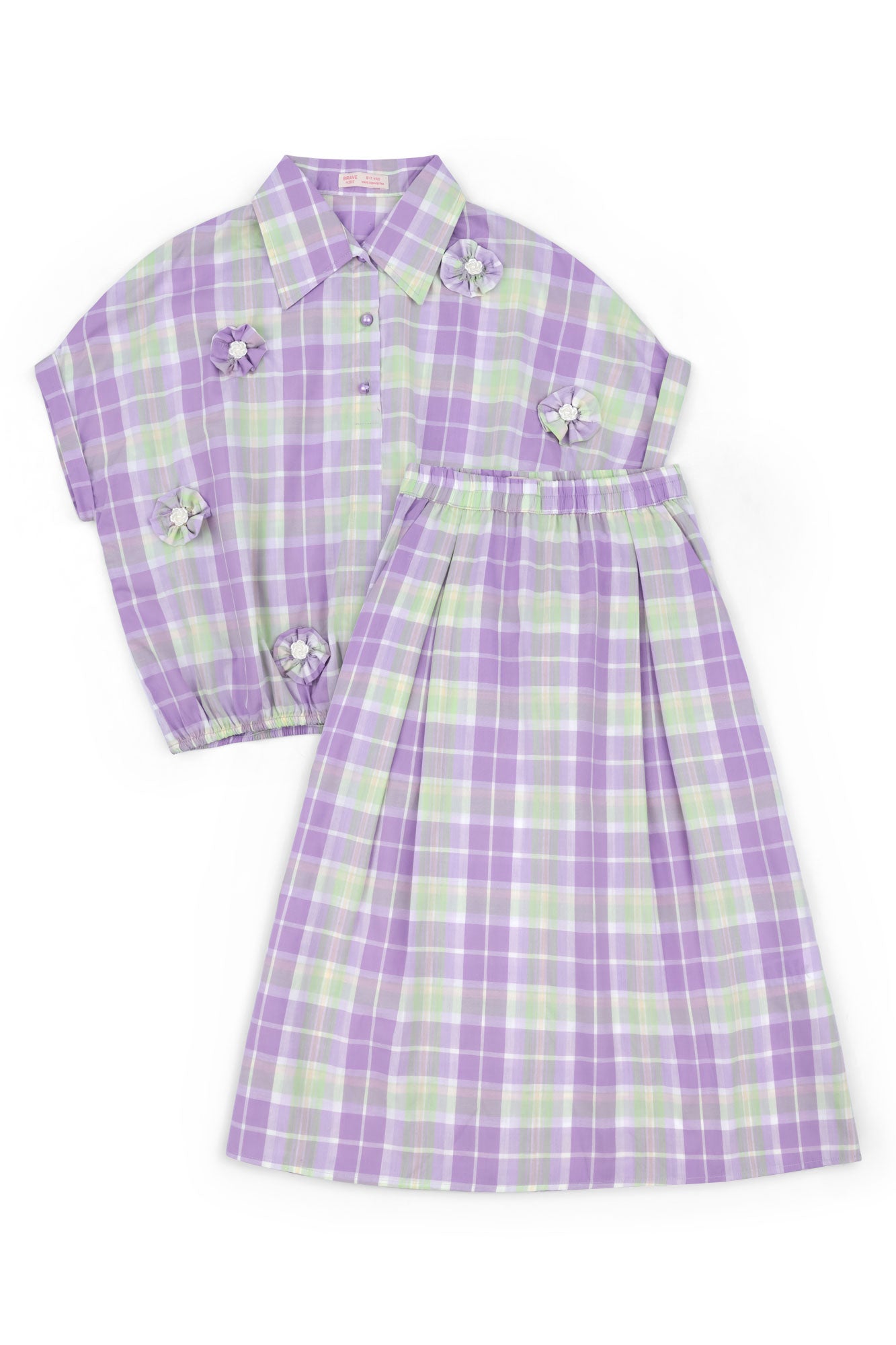 Girls' Lavender Plaid Floral Skirt Set