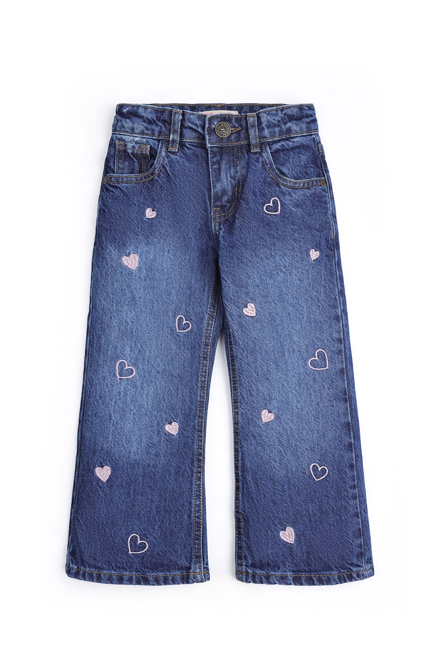 Girls Wide-Leg Heart Embroidered Denim