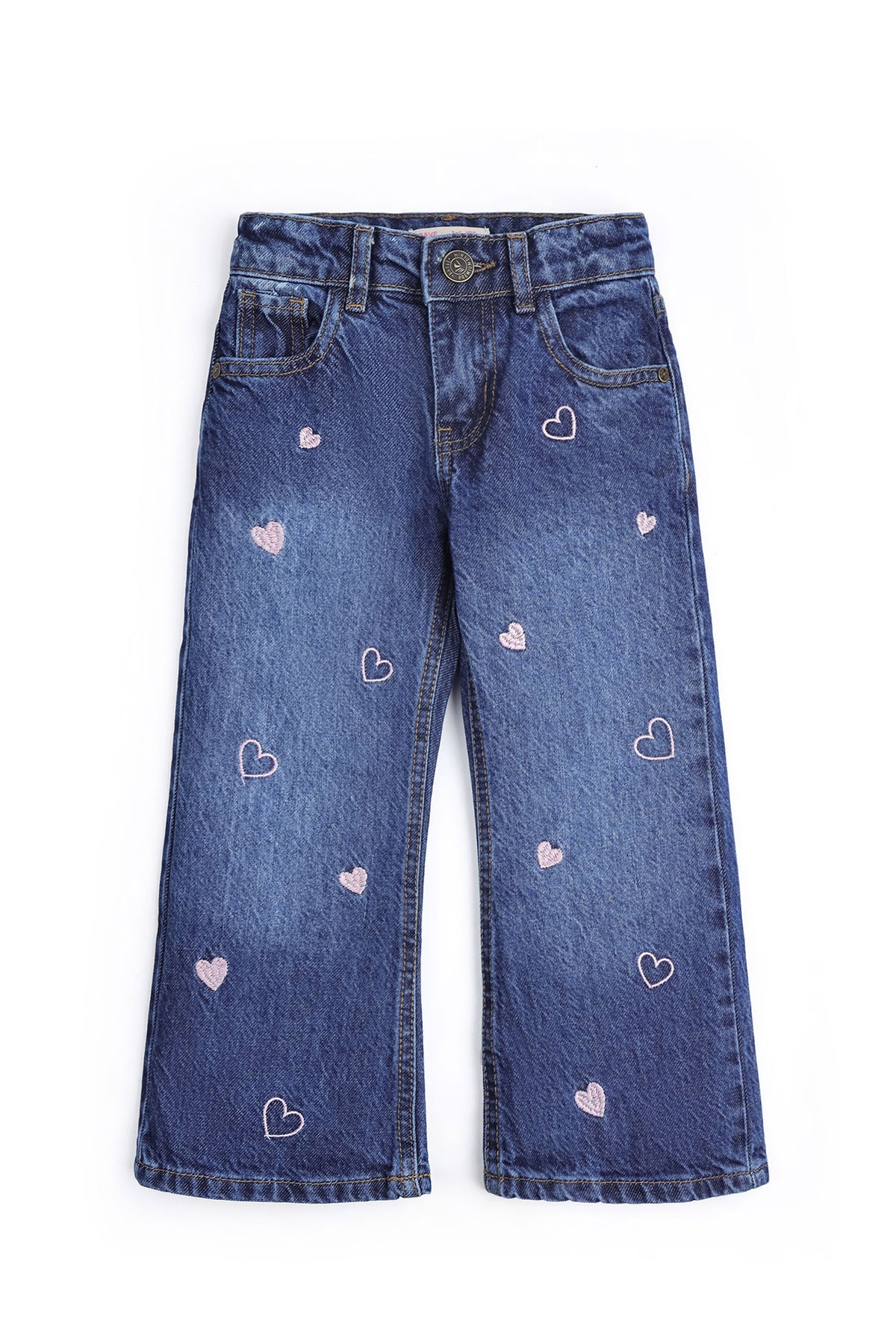 Girls Wide-Leg Heart Embroidered Denim