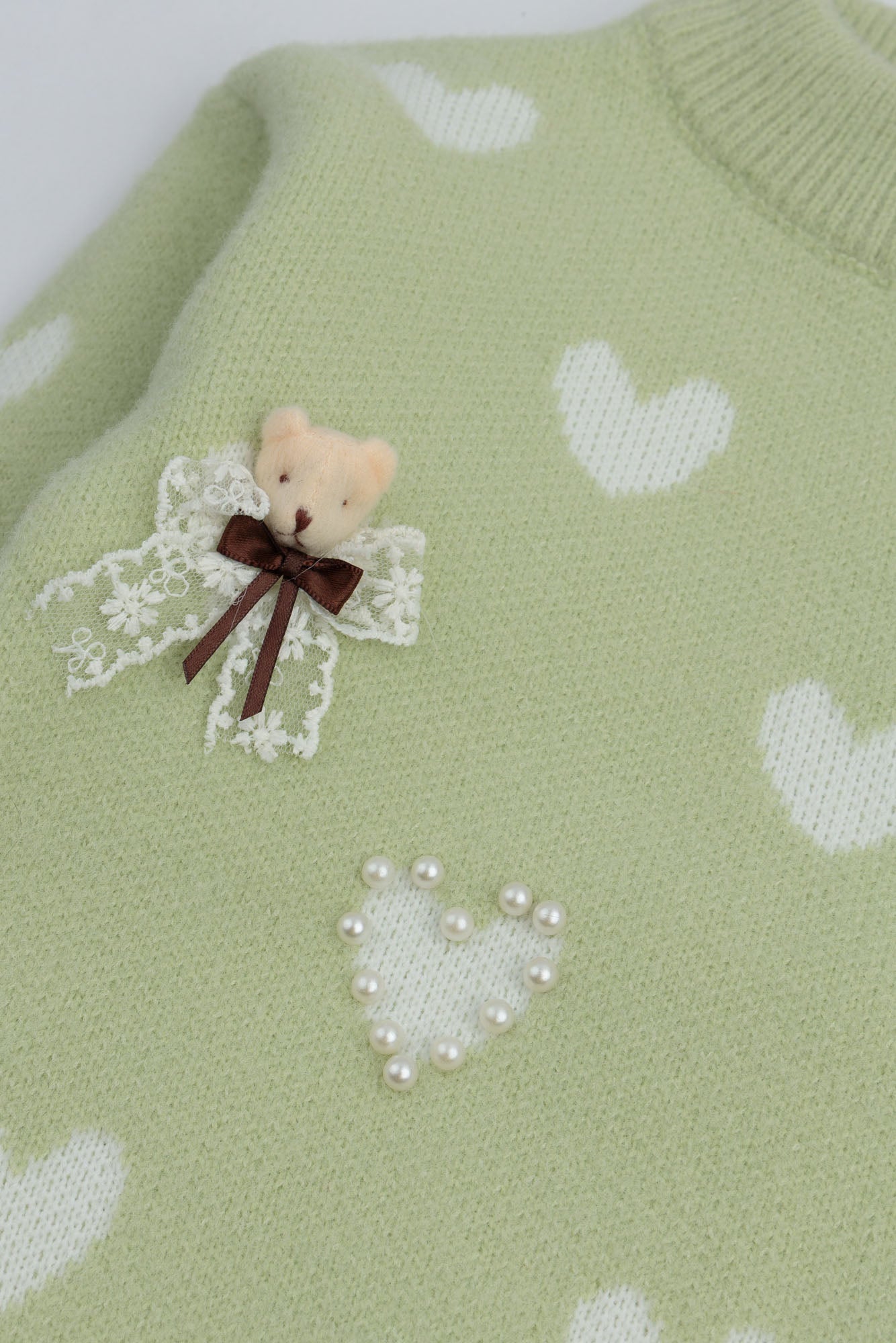 Green Charming Hearts Knit Sweater