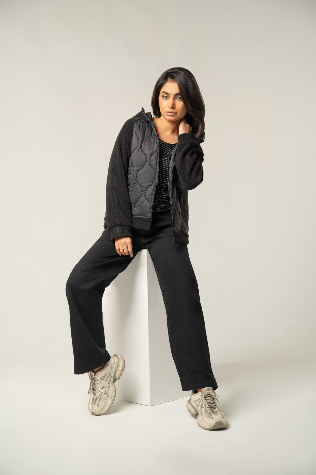 Black Quilted Puffer Hybrid Jacket