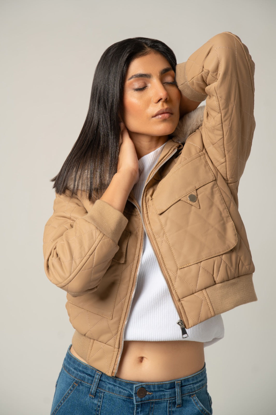 The Beige Quilted faux Leather Jacket