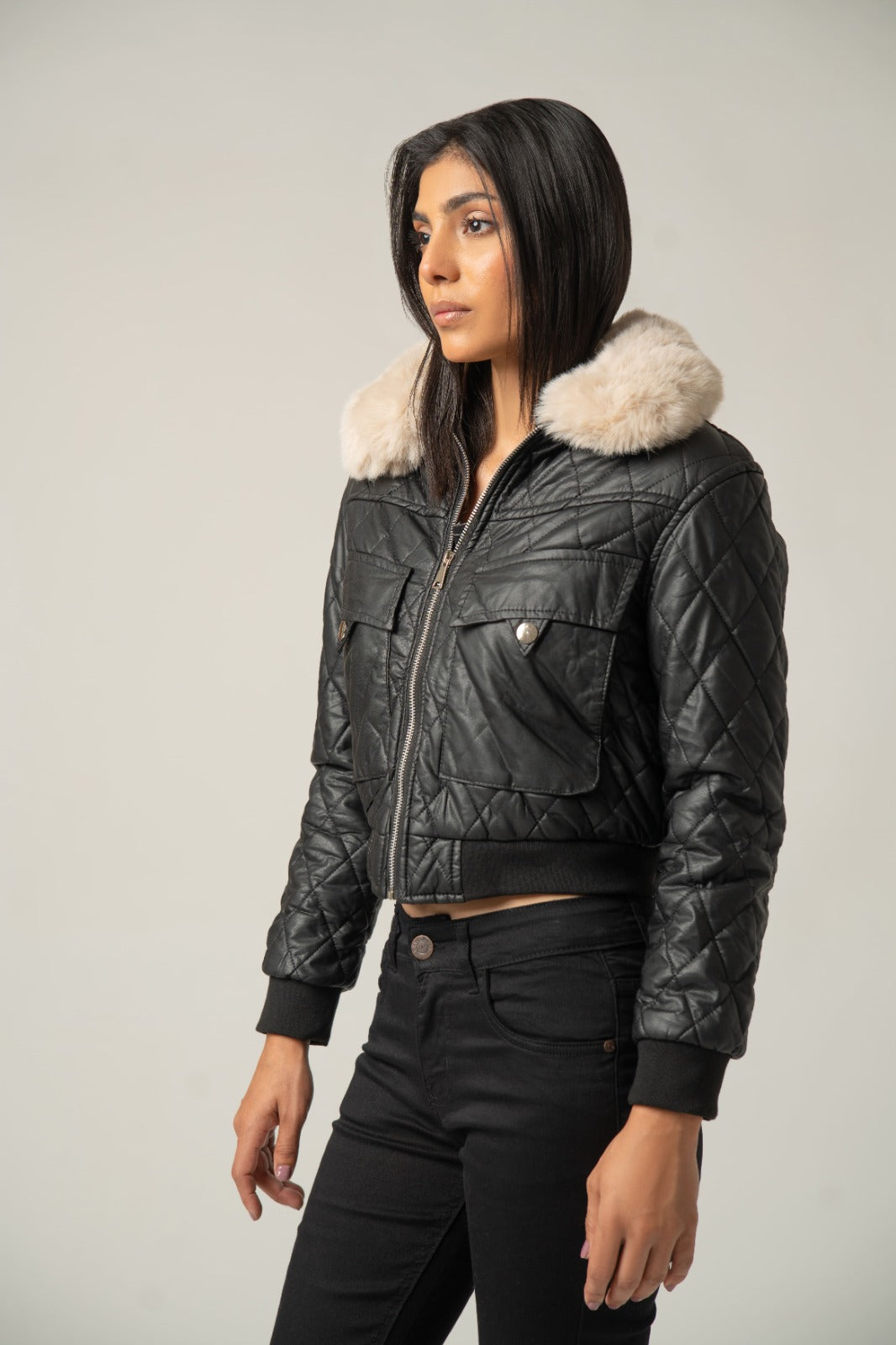 The Quilted Faux Leather Bomber Jacket