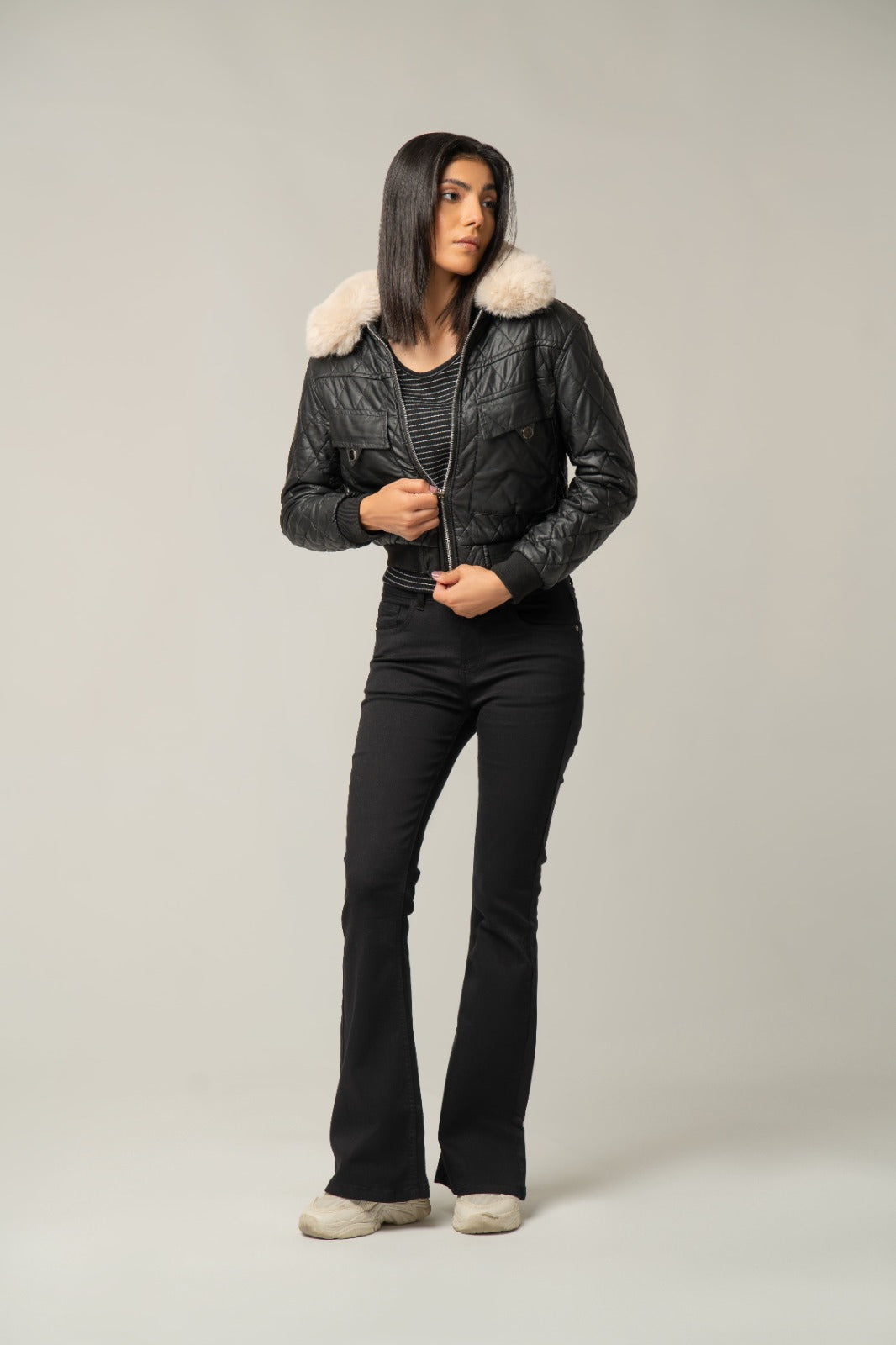 The Quilted Faux Leather Bomber Jacket