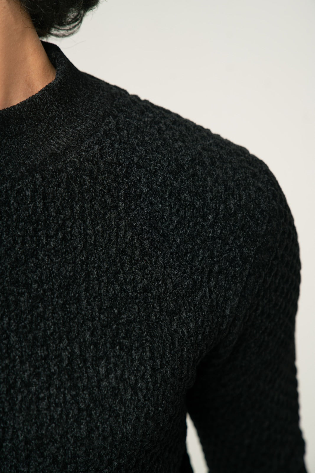 Textured  Black Mock Neck Sweater